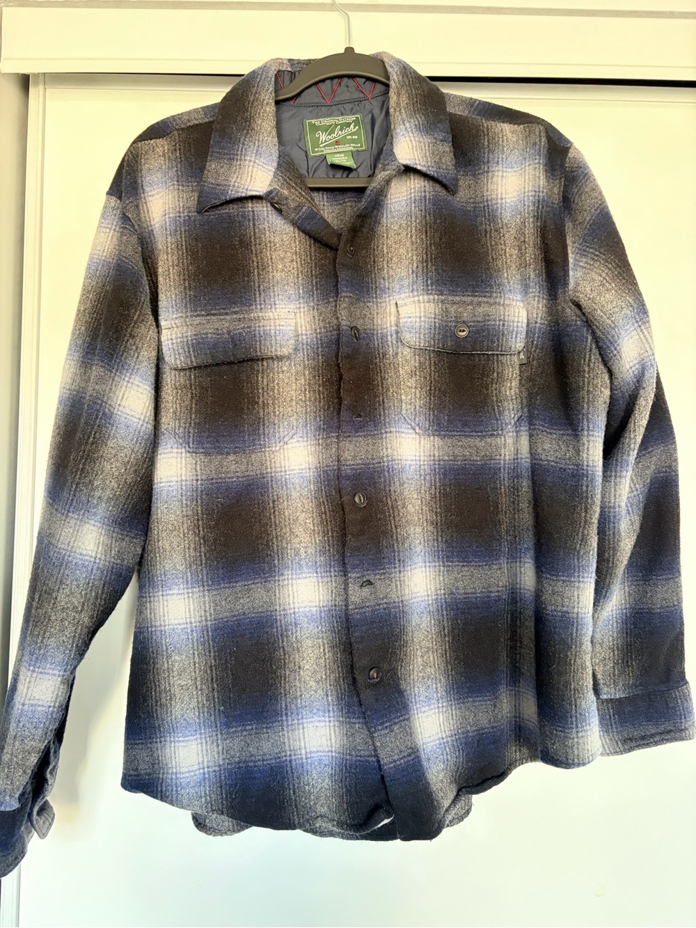 Woolrich Navy & Gray Plaid Wool Shirt Jacket